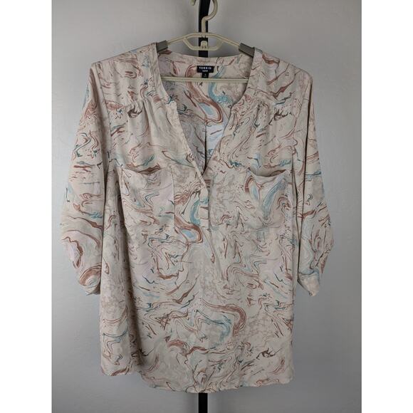 Torrid Harper Blouse V-Neck Roll Tab Sleeve beige teal marble print - Picture 1 of 7